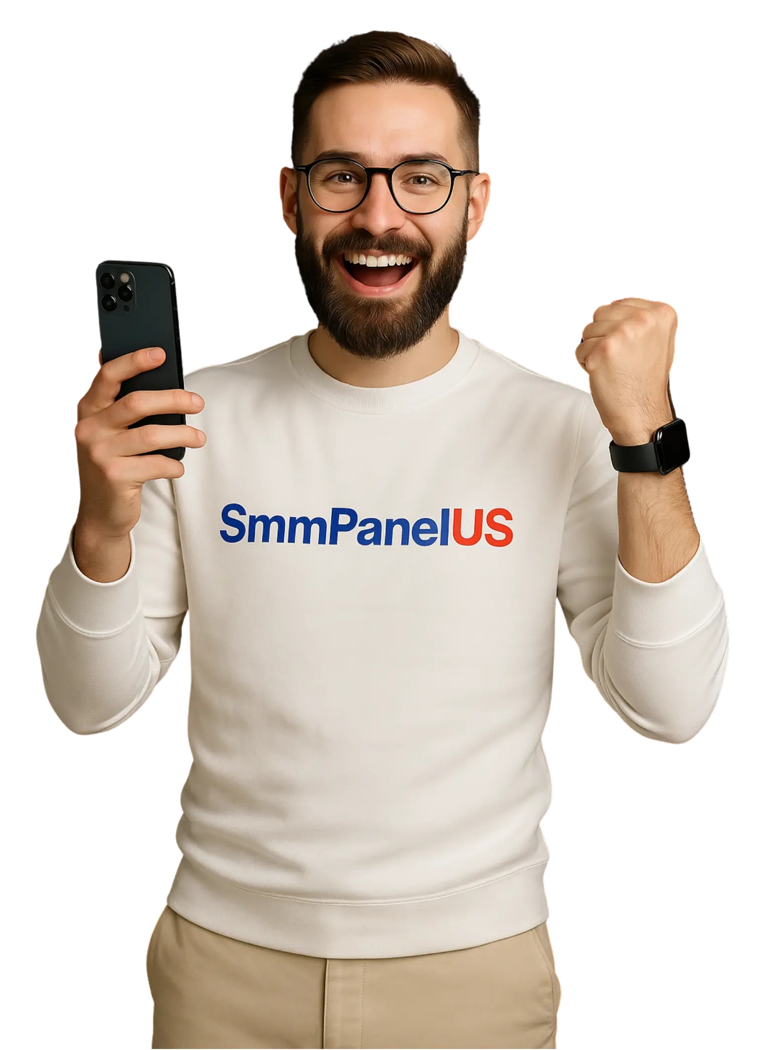 A stoked SmmPanelUS user celebrating his authentic social media growth on his phone.