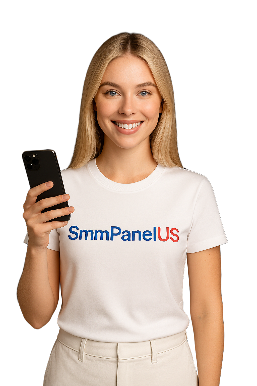 A stoked content creator checking her social media growth on her phone with SmmPanelUS.